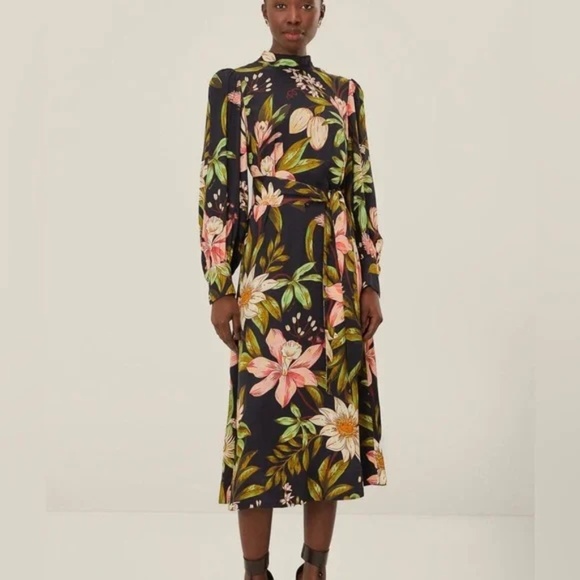 Farm Rio Black Surreal Flowers High Neck Midi Dress sz S NWT - Picture 1 of 14